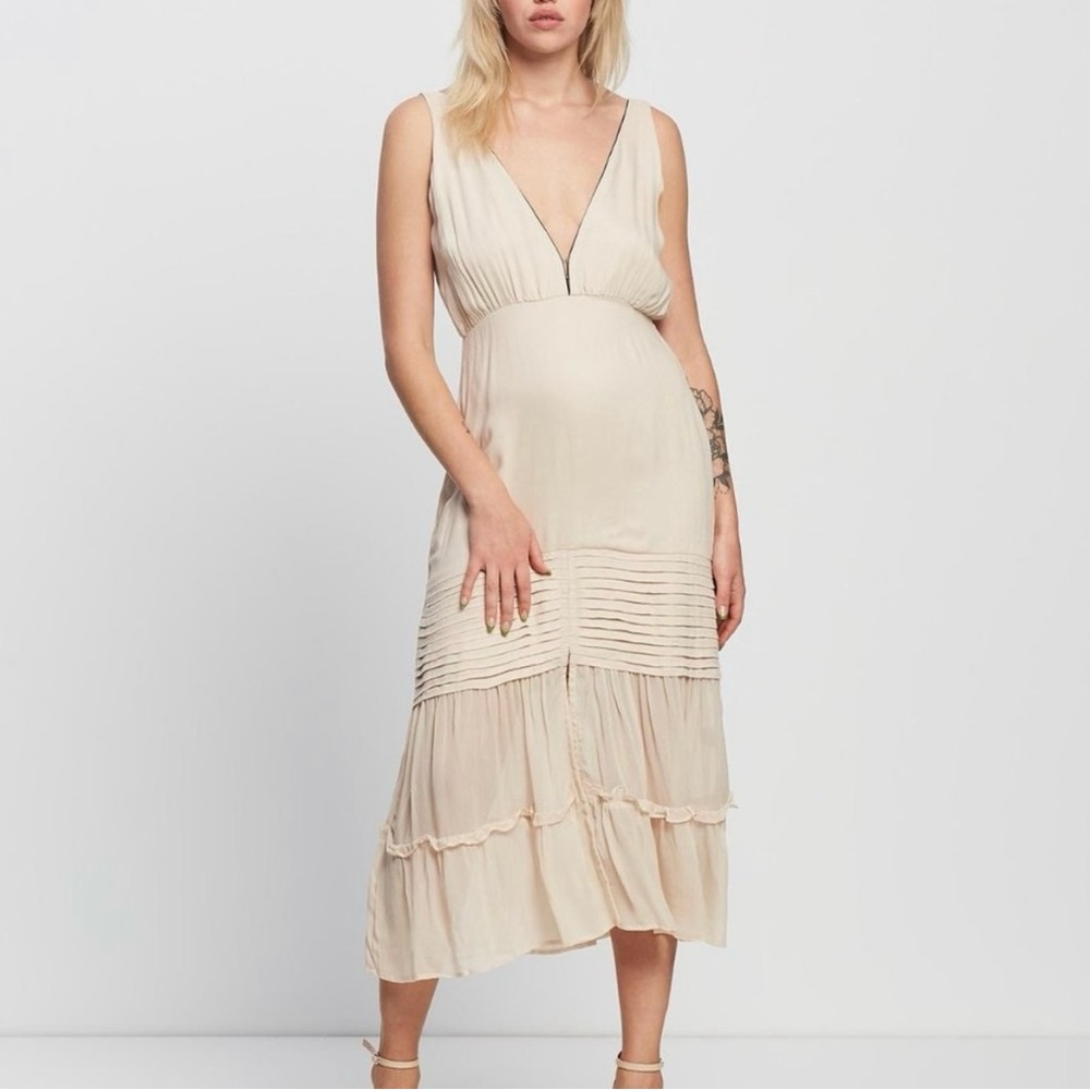 NWT Aura The Label Lauren Midi Dress Plunging V Neck Cream XS Slit Boho Chic